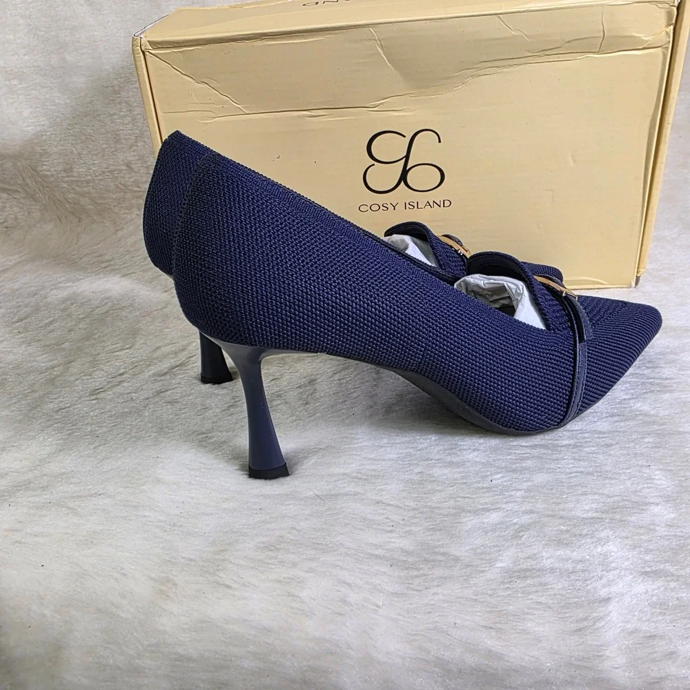 Cosy Island EliteLoaf Pointed Toe Heeled Pumps Buckle Navy Blue Womens 6.5 New